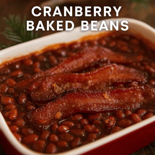 Close-up of cranberry baked beans casserole topped with crispy bacon and brown sugar, styled in a red baking dish with festive holiday decor in the background.
