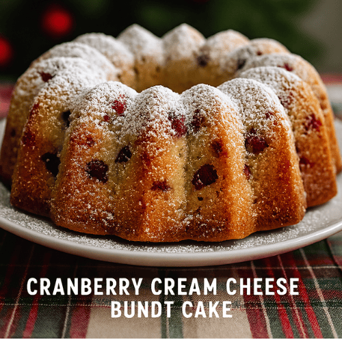 A festive Cranberry Cream Cheese Bundt Cake dusted with powdered sugar, styled on a holiday table with twinkling lights in the background. The cake’s golden crumb and vibrant cranberries create a crown-like shape, perfect for Christmas brunch or gifting.