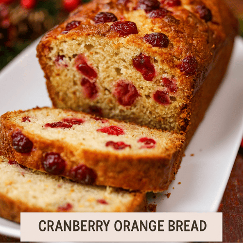 Close-up of a sliced cranberry orange bread loaf on a white plate, surrounded by festive holiday décor with pine sprigs, red berries, and warm fairy lights. Text overlay reads “A Loaf So Good, It Deserves A Holiday… or Two” with subtitle “Cranberry Orange Bread.”