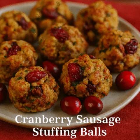 Golden cranberry sausage stuffing balls arranged on a white plate with fresh cranberries, festive holiday decor, and playful text overlay that reads &ldquo;When Your Stuffing Wants to Show Off A Little&rdquo; and &ldquo;Cranberry Sausage Stuffing Balls.&rdquo;