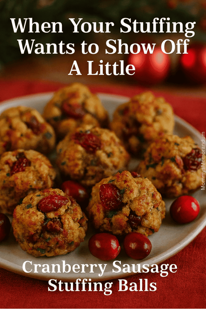 Golden cranberry sausage stuffing balls arranged on a white plate with fresh cranberries and festive d&eacute;cor.