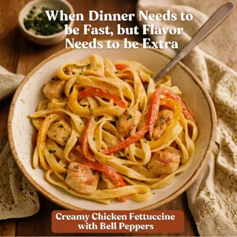 A cozy, close-up image of creamy chicken fettuccine with colorful bell peppers, styled in a rustic bowl with soft lighting and warm tones. Text overlay reads &ldquo;When Dinner Needs to be Fast, but Flavor Needs to be Extra&rdquo; with subtitle &ldquo;Creamy Chicken Fettuccine with Bell Peppers.&rdquo;