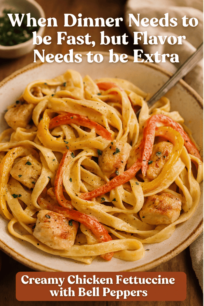 Creamy Chicken Fettuccine with Bell Peppers Creamy chicken fettuccine with colorful bell peppers in a rustic bowl, topped with a smooth cheese sauce.