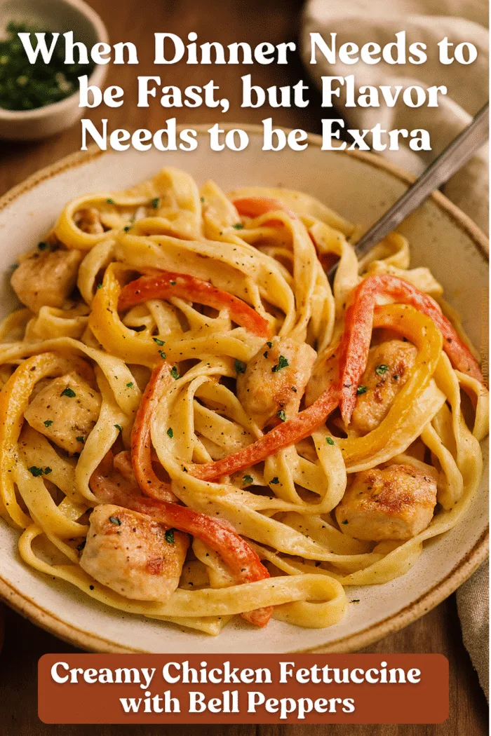 Creamy chicken fettuccine with colorful bell peppers in a rustic bowl, topped with a smooth cheese sauce.