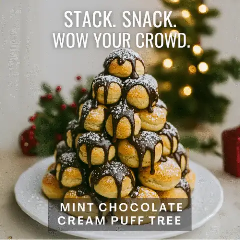 Golden cream puff tree filled with cr&egrave;me de menthe cream, drizzled with chocolate glaze and powdered sugar. Text overlay reads &ldquo;Holiday Indulgence, Stacked to Perfection.&rdquo;