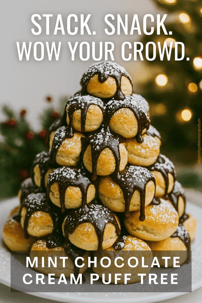 Creme de Menthe Cream Puff Tree | Holiday Indulgence, Stacked to Perfection Golden cream puff tree filled with crème de menthe cream, drizzled with chocolate glaze and powdered sugar.