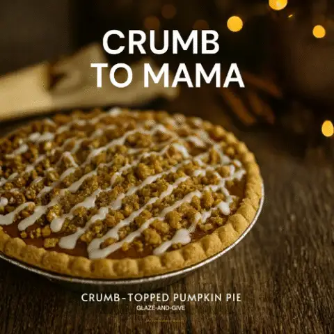 High-resolution image of a crumb-topped pumpkin pie with cinnamon sugar glaze, styled on a rustic wooden table with warm holiday decor. The pie features golden streusel topping and a cheeky tagline overlay: &ldquo;Crumb to Mama.&rdquo;