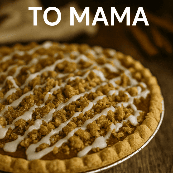 High-resolution image of a crumb-topped pumpkin pie with cinnamon sugar glaze, styled on a rustic wooden table with warm holiday decor. The pie features golden streusel topping and a cheeky tagline overlay: “Crumb to Mama.”