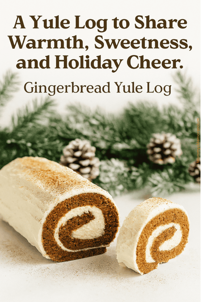 Gingerbread Yule Log – Rolled Cake with Holiday Spice and Cream Angled Gingerbread Yule Log with a slice laid flat to show the spiral filling, lightly dusted with cinnamon, surrounded by evergreen boughs and pinecones.