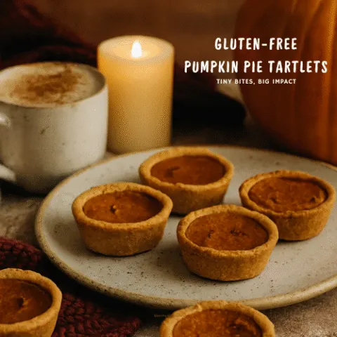 A cozy autumn scene featuring gluten-free pumpkin pie tartlets on a rustic plate, surrounded by a warm mug, candlelight, and a pumpkin. The tartlets are golden brown with creamy pumpkin filling, styled for a festive holiday vibe.