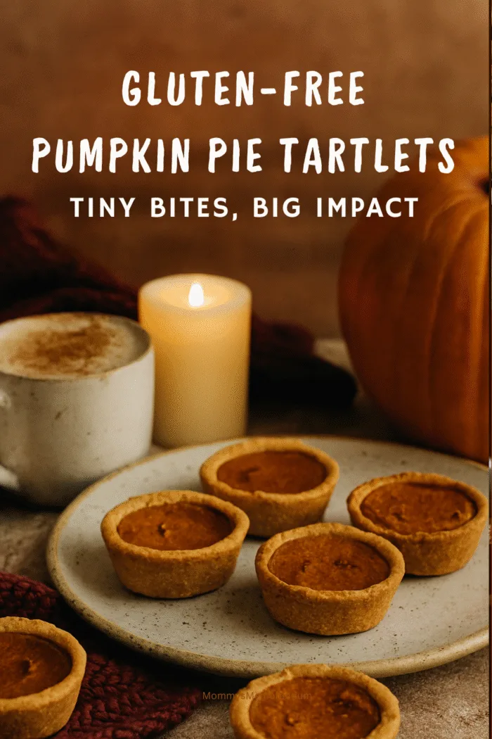 A cozy autumn scene featuring gluten-free pumpkin pie tartlets on a rustic plate, surrounded by a warm mug, candlelight, and a pumpkin. The tartlets are golden brown with creamy pumpkin filling, styled for a festive holiday vibe.