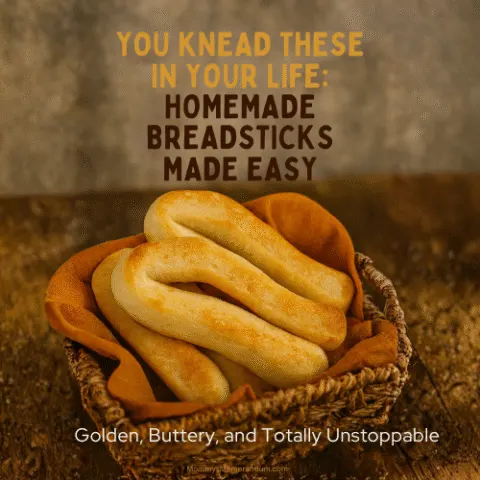 Rustic basket filled with golden-brown, folded homemade breadsticks on a pumpkin-colored cloth napkin. The breadsticks are buttery, soft, and baked to perfection, styled in a cozy, homey setting.