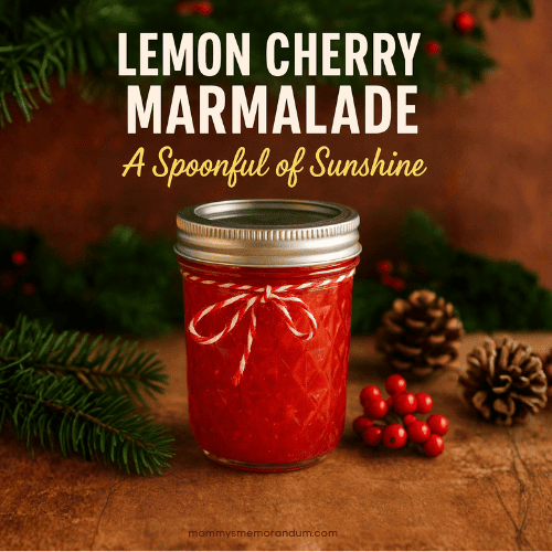 Jar of homemade Lemon Cherry Marmalade glowing with ruby and gold tones, captioned “I'm gonna marmalade this awfully cherry on top.”