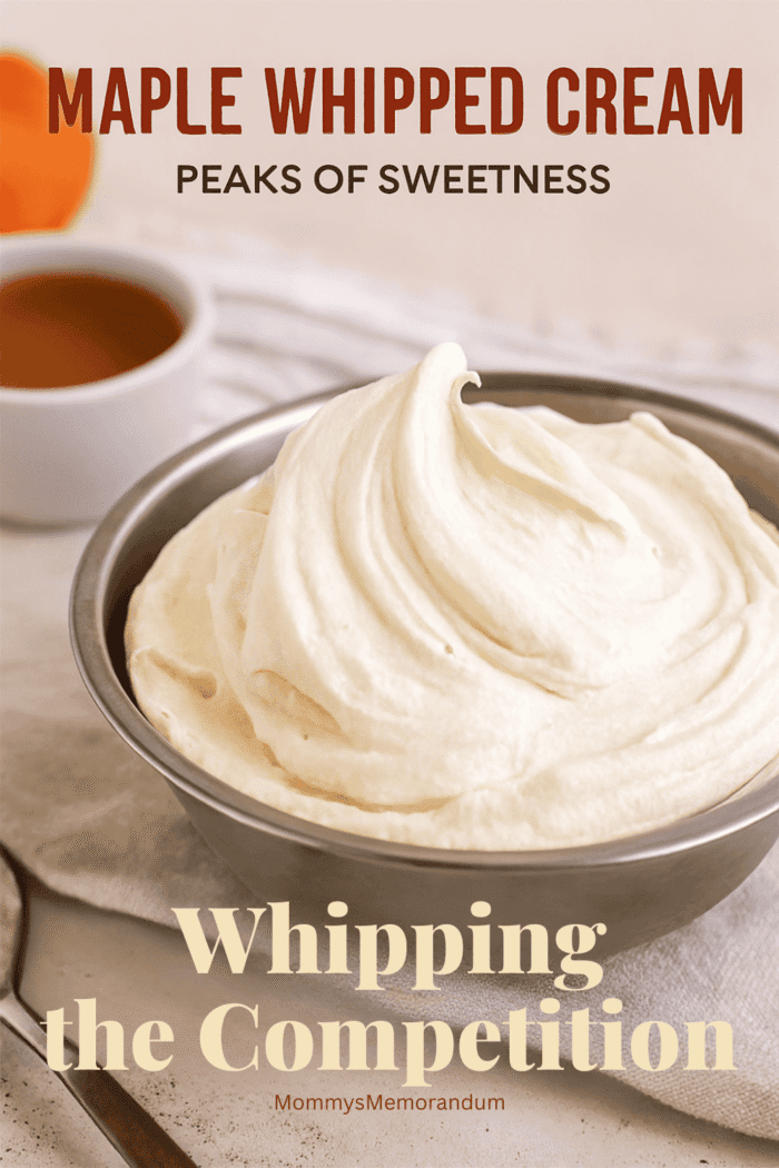 Maple Whipped Cream Recipe Fluffy maple whipped cream with soft peaks in a rustic bowl, styled with pumpkins and maple syrup for fall desserts