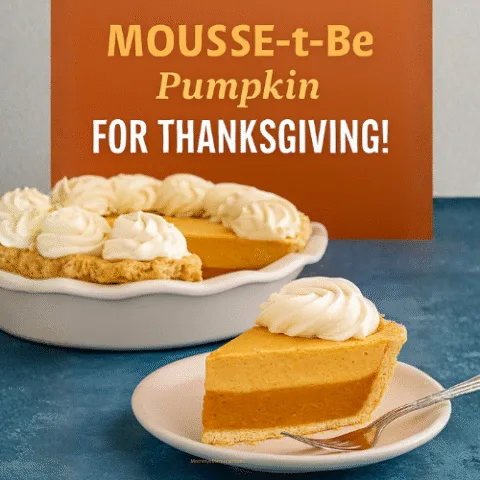 A slice of Pumpkin Mousse Pie on a white plate with a fork, showing three distinct layers: golden pie crust, spiced pumpkin filling with darker flecks, and a fluffy pumpkin mousse topped with whipped cream swirls. The full pie sits behind it in a white deep-dish pie plate, with crumbs where the slice was cut. Background features teal blue and pumpkin orange tones.
