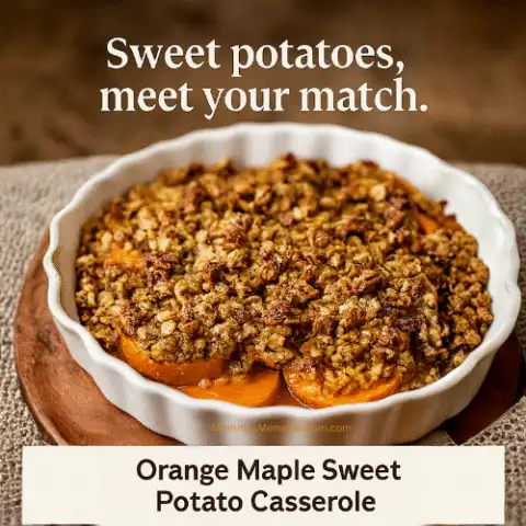 A golden-brown orange-maple sweet potato casserole in a white ceramic dish, topped with pecan oat crumble. The vibrant orange sweet potatoes peek through the crisp topping, styled in warm fall lighting with a cheeky tagline overlay: &ldquo;sweet potatoes meet your match&rdquo;