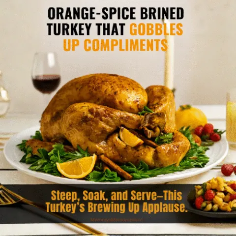 Golden-brown roasted turkey brined in orange-spice tea, garnished with fresh orange slices, cinnamon sticks, and herbs, styled on a festive holiday table with candles and cranberries.