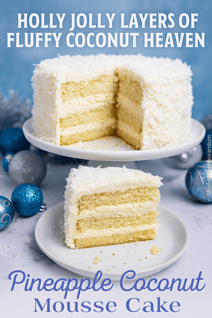Pineapple Coconut Mousse Cake - Four layers with coconut mousse and pineapple Four-layer Pineapple Coconut Mousse Cake in holiday blues and silver, with shredded coconut topping. Slice removed and plated showing creamy mousse layers and crumbs.