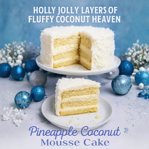 Four-layer Pineapple Coconut Mousse Cake styled in holiday blues and silver, with shredded coconut topping and festive ornaments. A slice is removed and plated, showing creamy mousse layers and crumbs for realism.