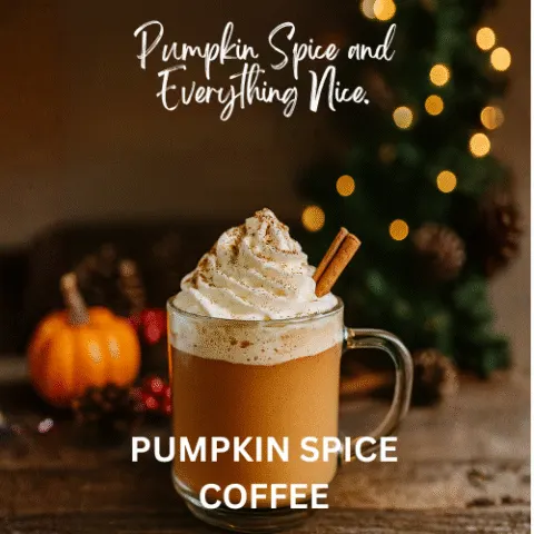Festive glass mug of pumpkin spice coffee topped with whipped cream and cinnamon stick, surrounded by pinecones, pumpkins, and twinkling holiday lights&mdash;perfect cozy fall drink for holiday mornings.