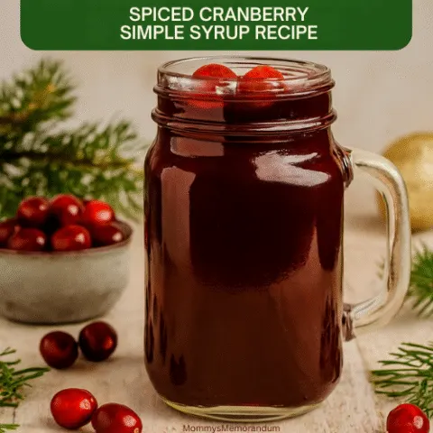 A glass bottle of spiced cranberry simple syrup surrounded by fresh cranberries and cinnamon sticks, perfect for holiday cocktails and festive drinks.
