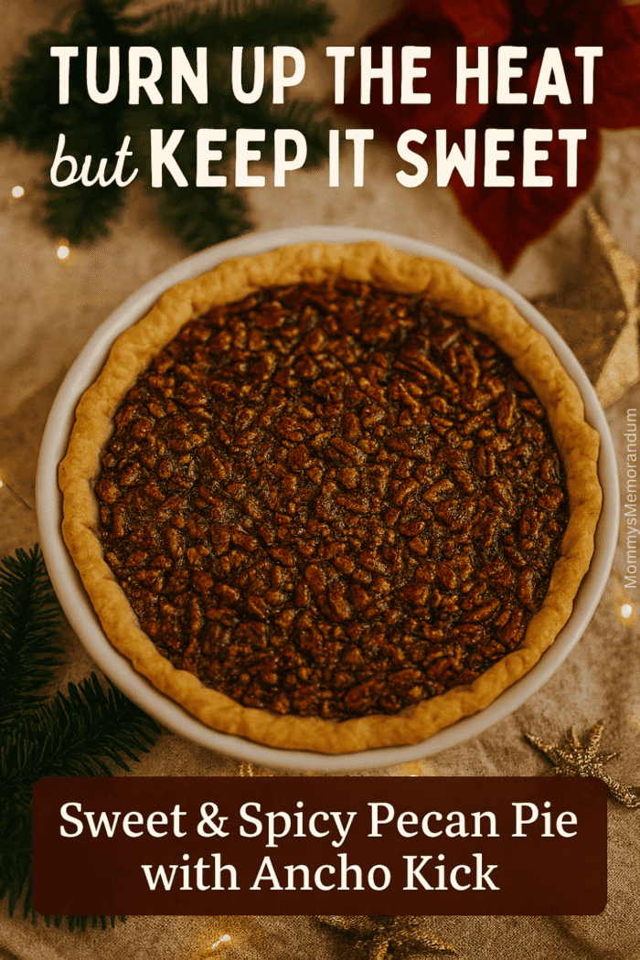 Sweet & Spicy Pecan Pie with Ancho Kick Overhead shot of a sweet and spicy pecan pie styled in a cozy holiday setting with pine sprigs, twinkling lights, and festive décor. Text overlay reads 'Turn Up the Heat, but Keep It Sweet' with subtitle 'Sweet & Spicy Pecan Pie with Ancho Kick.'