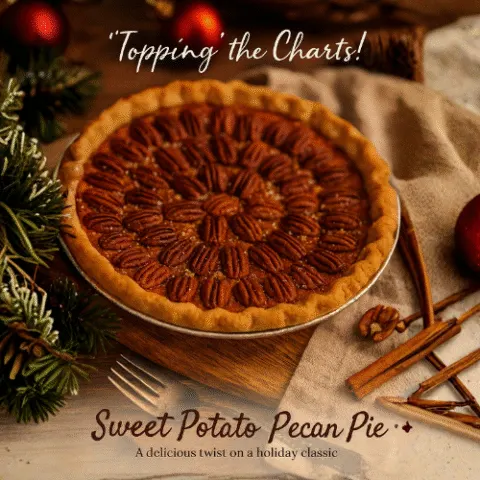 Sweet Potato Pecan Pie styled for the holidays with toasted pecans, rustic wood background, cinnamon sticks, and evergreen sprigs. A cozy, festive dessert perfect for Thanksgiving or Christmas.