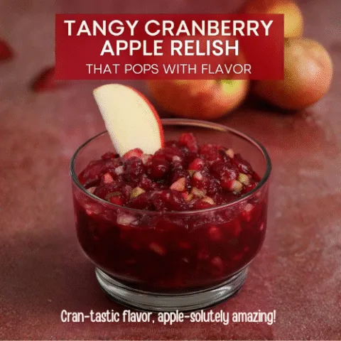 A vibrant bowl of cranberry apple relish with glossy cranberries and chopped apples, styled on a rustic table with fresh apples and a cheeky overlay that reads &ldquo;This relish has it sauced!&rdquo;&mdash;perfect for holiday meals and festive spreads.
