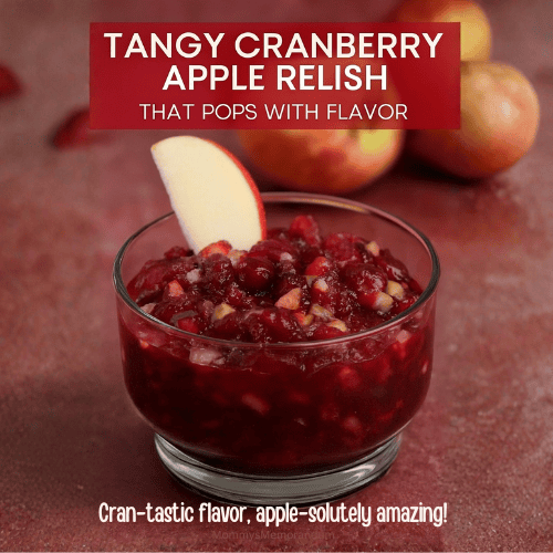 A vibrant bowl of cranberry apple relish with glossy cranberries and chopped apples, styled on a rustic table with fresh apples and a cheeky overlay that reads “This relish has it sauced!”—perfect for holiday meals and festive spreads.