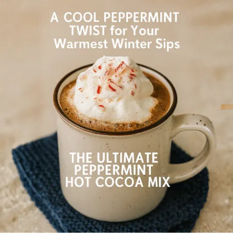 Close-up of Peppermint Hot Cocoa Mix in a festive jar with crushed peppermint candies, styled for the holidays.