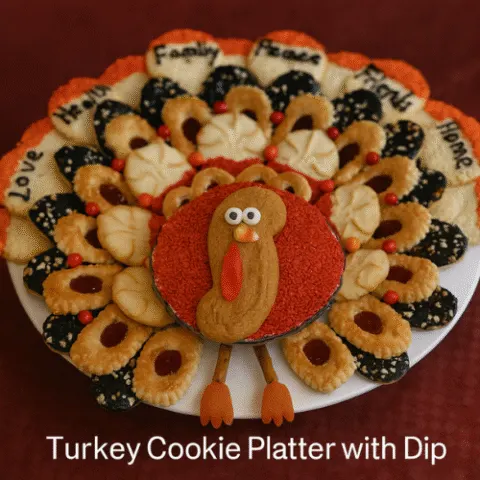 Thanksgiving-themed dessert platter with a turkey-shaped cookie centerpiece surrounded by decorated cookies and cheesecake dip, styled on a red tablecloth with warm lighting.