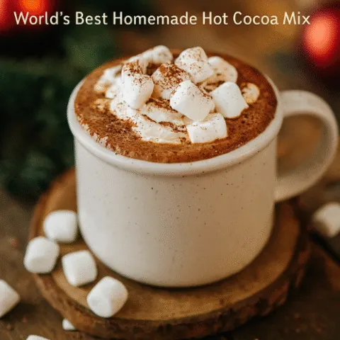 A cozy holiday-themed image of a steaming mug of homemade hot cocoa topped with whipped cream and marshmallows, surrounded by pine branches, red ornaments, and warm fairy lights. Text overlay reads &ldquo;Merry Sips and Chocolatey Bliss&rdquo; with subtitle &ldquo;World&rsquo;s Best Homemade Hot Cocoa Mix.&rdquo;