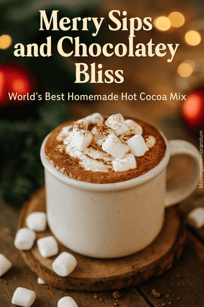 World's Best Homemade Hot Cocoa Mix Recipe Cozy holiday-themed steaming mug of homemade hot cocoa with whipped cream and marshmallows, surrounded by pine branches, ornaments, and warm lights.
