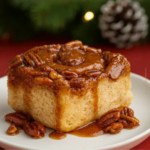 Golden caramel pecan cinnamon sticky bun on a holiday-rimmed plate over a green tablecloth, with gooey caramel dripping down the sides and sticky pecans on the plate. Evergreen boughs, ornaments, and twinkling lights create a festive background.