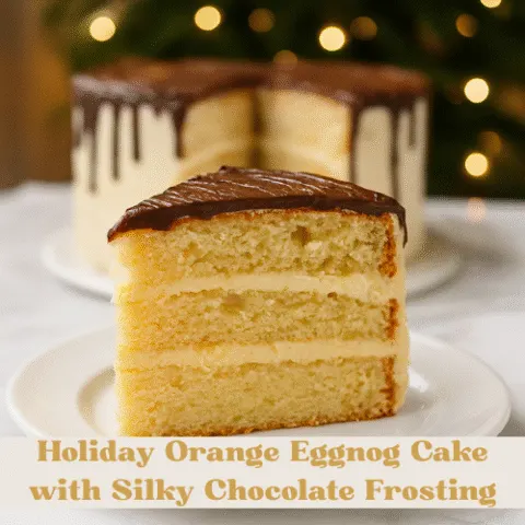 A slice of Holiday Orange Eggnog Cake with Silky Chocolate Frosting on a white plate, set against a blurred Christmas tree with glowing lights. The cake features citrus sponge layers, creamy eggnog filling, and chocolate drizzle, styled for a festive Pinterest holiday post.