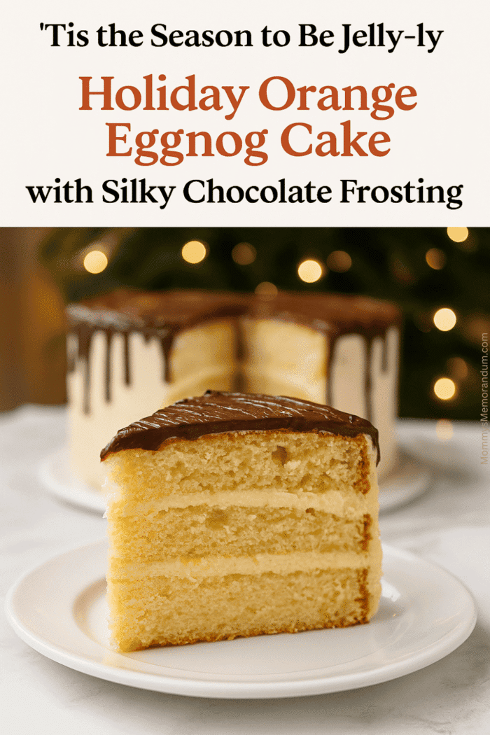 A slice of Holiday Orange Eggnog Cake with Silky Chocolate Frosting on a white plate, citrus sponge layers, creamy eggnog filling, chocolate drizzle, Christmas tree lights in background.