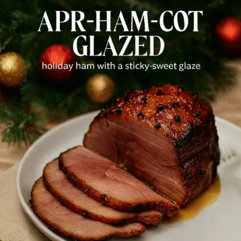 Sliced apricot-glazed ham arranged on a white serving platter, with evergreen boughs and red and gold ornaments in the background. Text overlay reads &ldquo;APR-HAM-COT GLAZED&rdquo; and &ldquo;holiday ham with a sticky-sweet glaze.&rdquo;