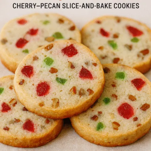 Golden slice-and-bake cookies studded with red and green candied cherries and chopped pecans, arranged on parchment paper with soft holiday lighting.