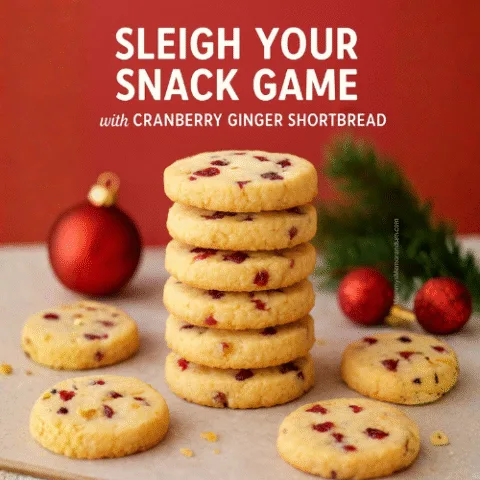 Stack of festive cranberry ginger shortbread cookies on parchment with holiday decorations, showcasing buttery texture, cranberries, and crystalized ginger pieces in a warm holiday setting.