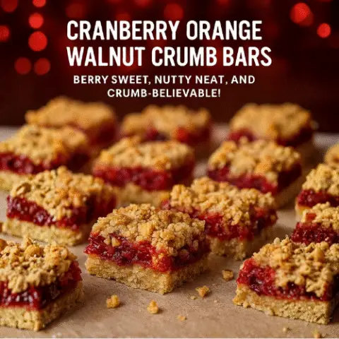 Close-up of Cranberry Orange Walnut Crumb Bars with golden oat topping, vibrant cranberry-orange filling, and rustic parchment background, styled for holiday Pinterest sharing.