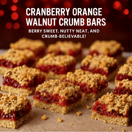 Close-up of Cranberry Orange Walnut Crumb Bars with golden oat topping, vibrant cranberry-orange filling, and rustic parchment background, styled for holiday Pinterest sharing.