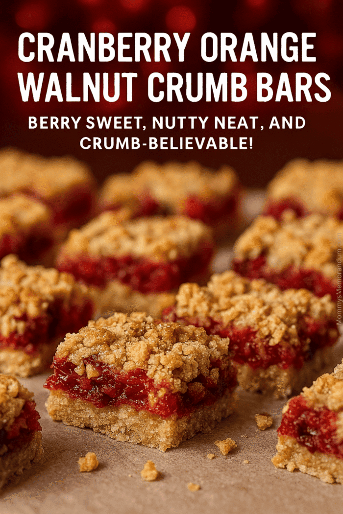 Cranberry Orange Walnut Crumb Bars – Holiday Dessert Must-Have Close-up of Cranberry Orange Walnut Crumb Bars with golden oat topping, vibrant cranberry-orange filling, rustic parchment background, holiday styled for Pinterest