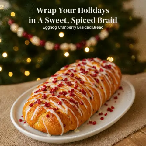 Holiday braided cinnamon cranberry bread on a serving platter, drizzled with glaze and sprinkled with chopped cranberries, with a decorated Christmas tree and twinkling lights in the background