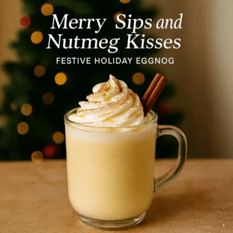 Glass mug of homemade eggnog topped with whipped cream, cinnamon sprinkle, and cinnamon stick, styled with festive holiday lights in the background.