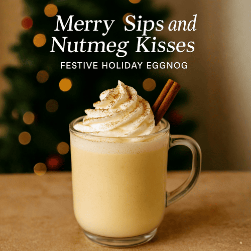 Glass mug of homemade eggnog topped with whipped cream, cinnamon sprinkle, and cinnamon stick, styled with festive holiday lights in the background.