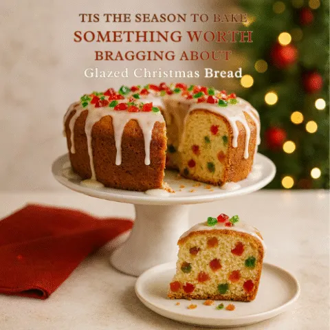 Golden candied fruit bread on a white cake pedestal with thick vanilla glaze dripping down the sides, garnished with red and green candied fruit. A slice is removed and placed on a plate to reveal the colorful interior. Holiday lights and ornaments glow softly in the background.