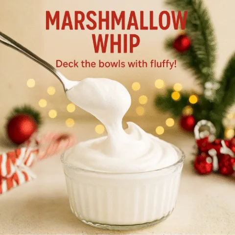 Close-up of fluffy Marshmallow Whip in a glass bowl with a spoon, styled for the holidays with twinkling lights, candy cane, and evergreen sprigs in the background.