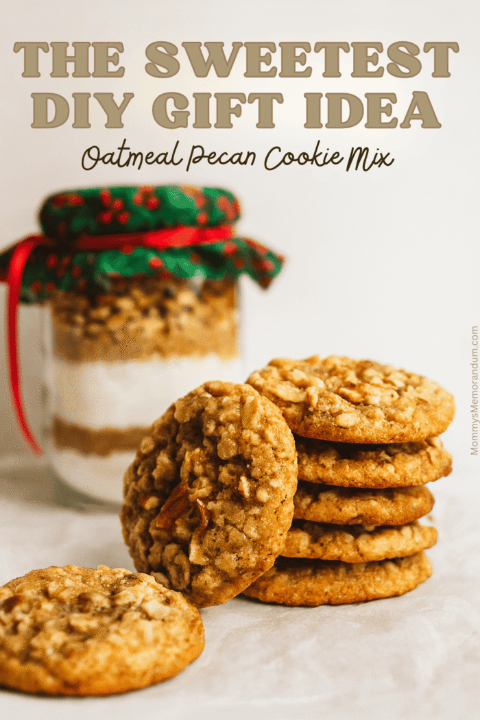 Festive jar of oatmeal pecan cookie mix with red and green holiday fabric, tied with ribbon, next to a stack of golden brown oatmeal pecan cookies&mdash;perfect DIY Christmas gift idea.