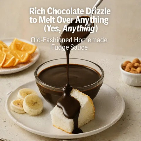Glass bowl of glossy homemade chocolate sauce being drizzled over angel food cake with banana slices and orange segments, styled for a cozy dessert moment.