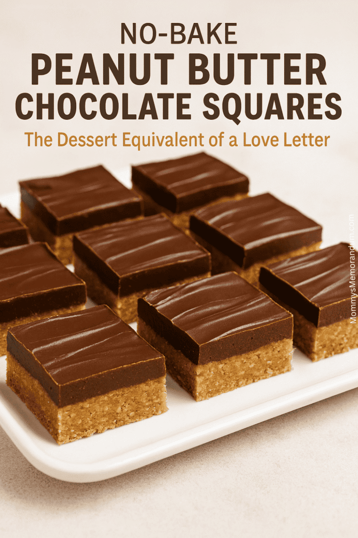 No-Bake Peanut Butter Chocolate Squares No-bake peanut butter chocolate squares with a graham cracker peanut base and smooth chocolate topping arranged on a white platter
